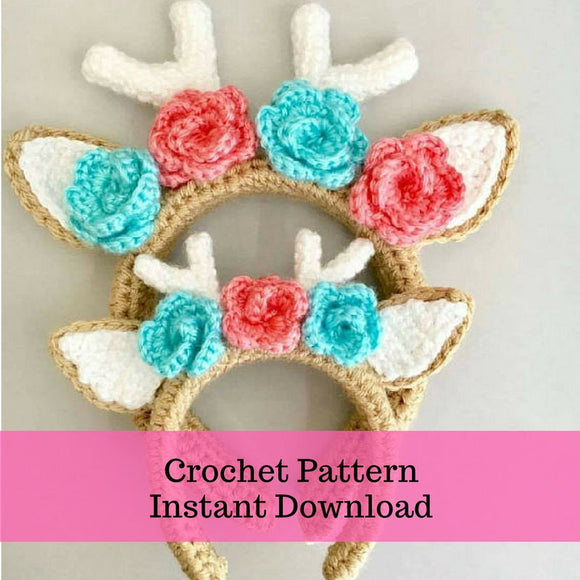 Deer Headband Crochet Pattern - crochet pattern instant download - fawn headband pattern - deer floral crown pattern - 18 inch doll headband
